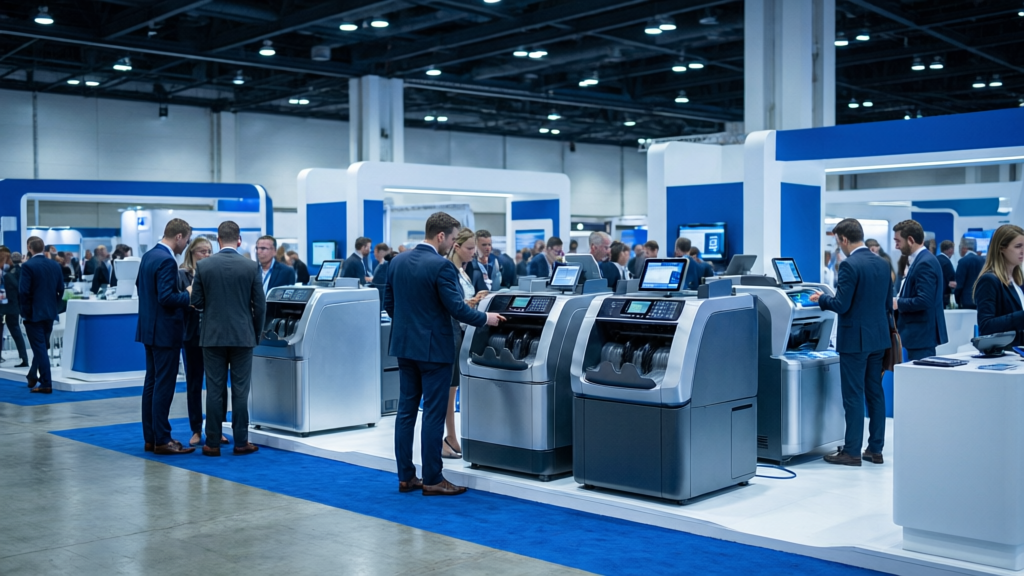 Cash handling equipment at a fintech trade exhibition
