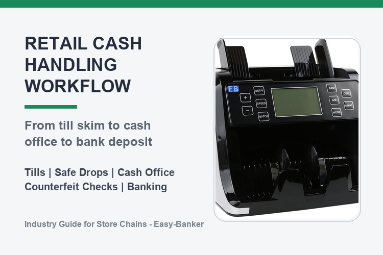 Retail cash handling workflow from supermarket till to cash office banknote counter
