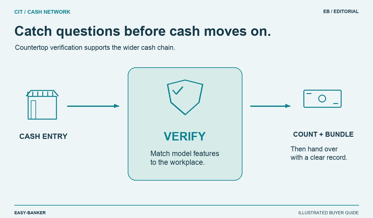 Verification belongs at the edge. CHECK FEATURES: Review the UV and magnetic checks available on the model. MATCH THE WORKPLACE: Consider retail tills, bank counters and exchange offices. COMPLETE THE CHAIN: Link verification with counting, bundling and handover procedures.