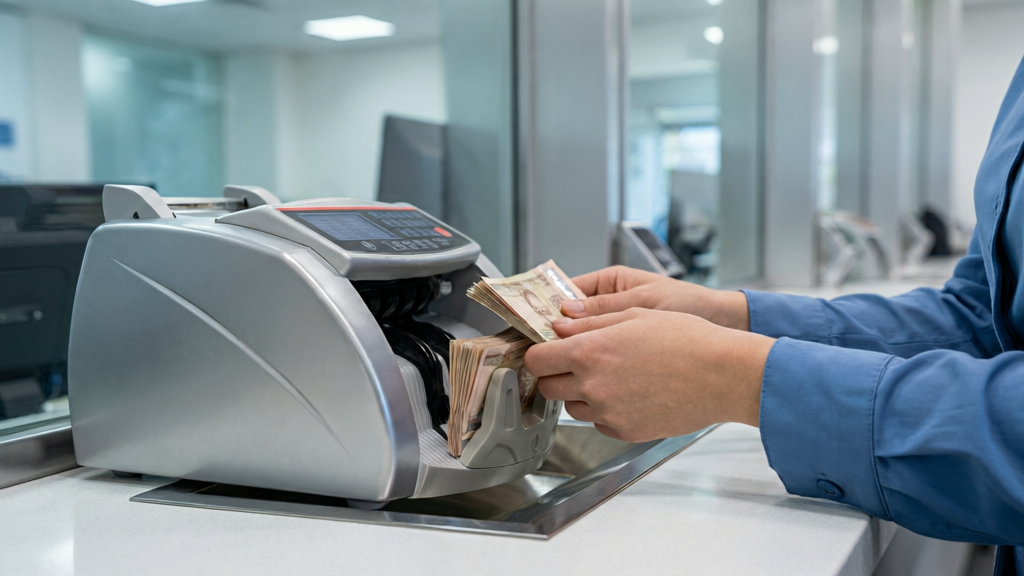 Bank teller processing banknotes with a countertop currency counter