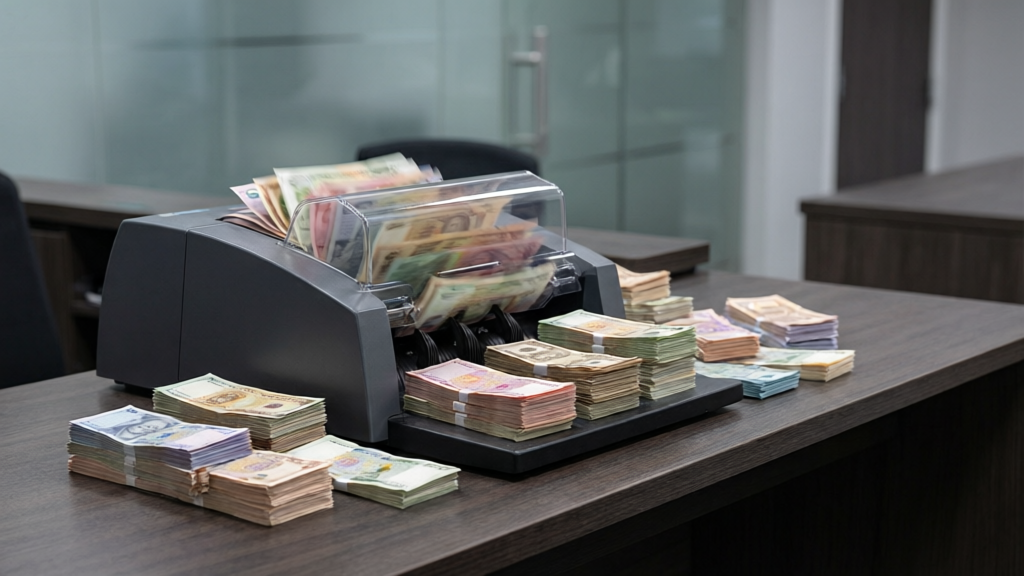 Bank cash office with banknote sorter