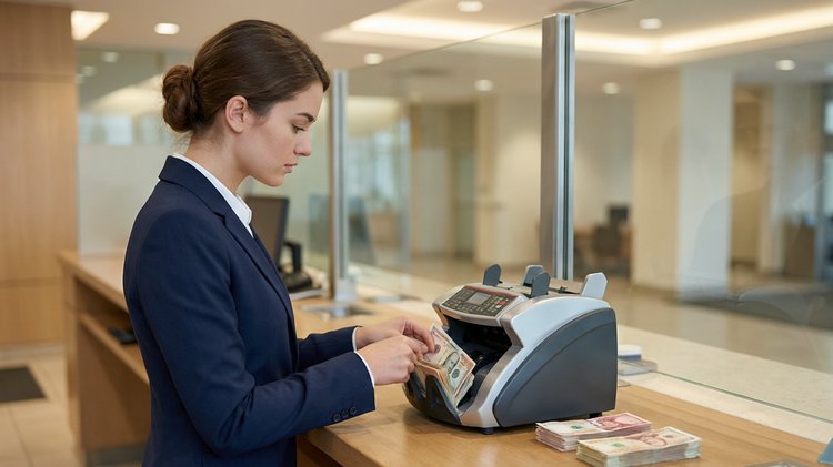 Bank teller counting cash at the counter