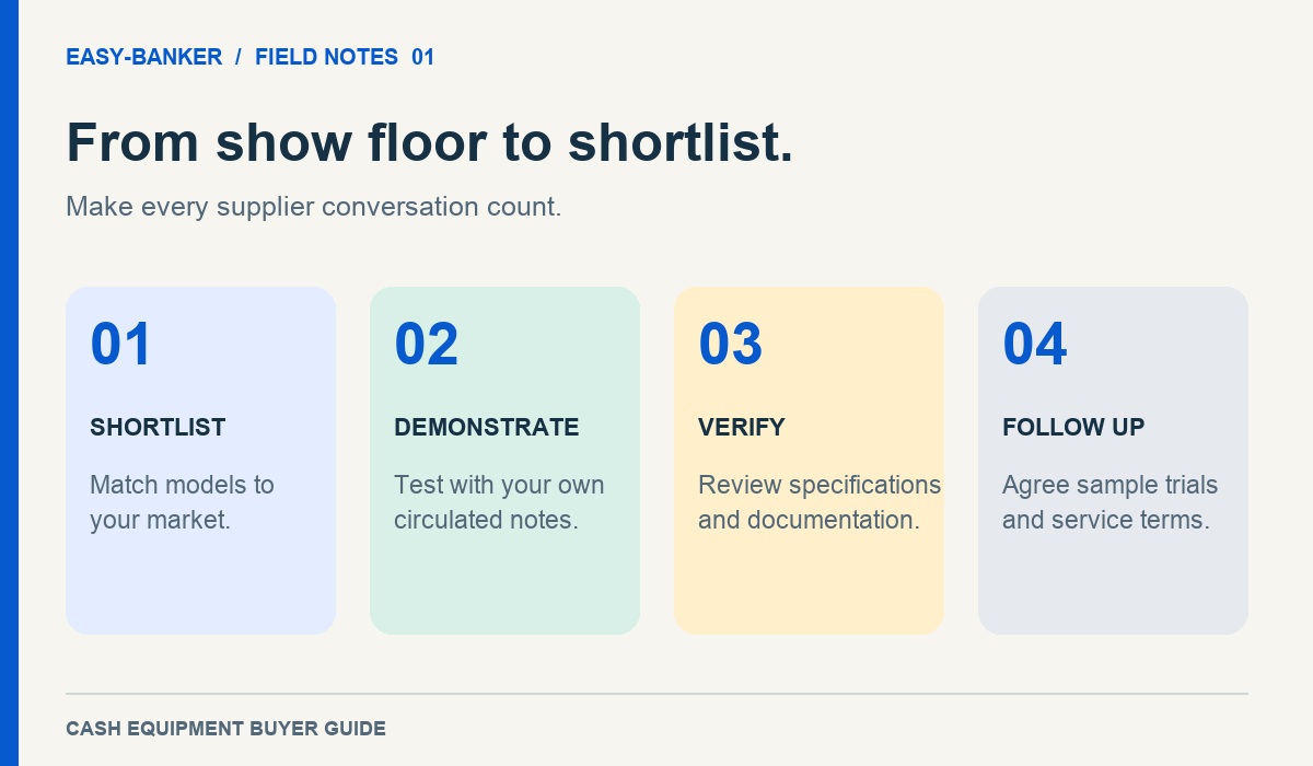 Four-step cash equipment sourcing process: shortlist, demonstrate, verify and follow up.
