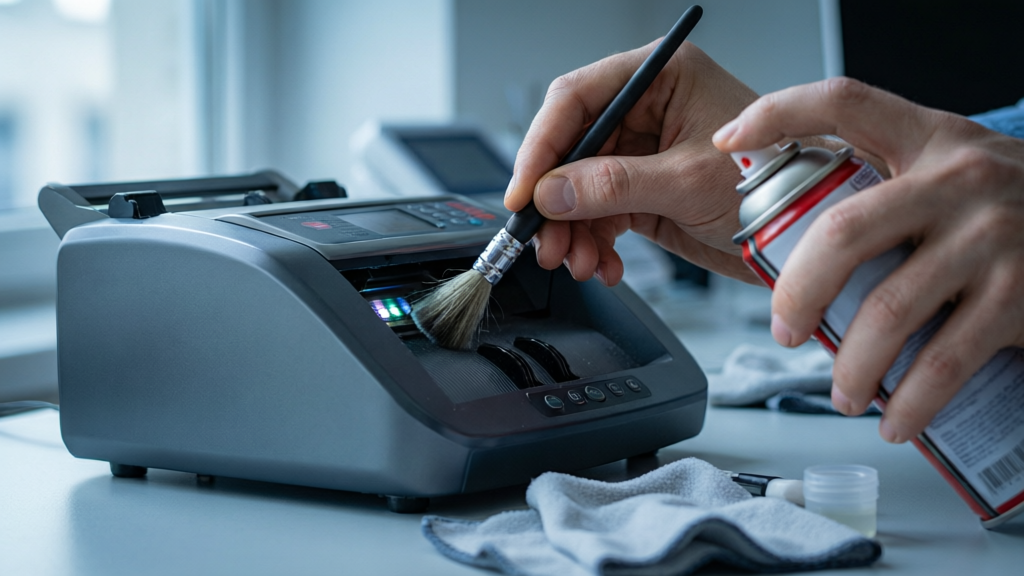 Cleaning money counter sensor with brush
