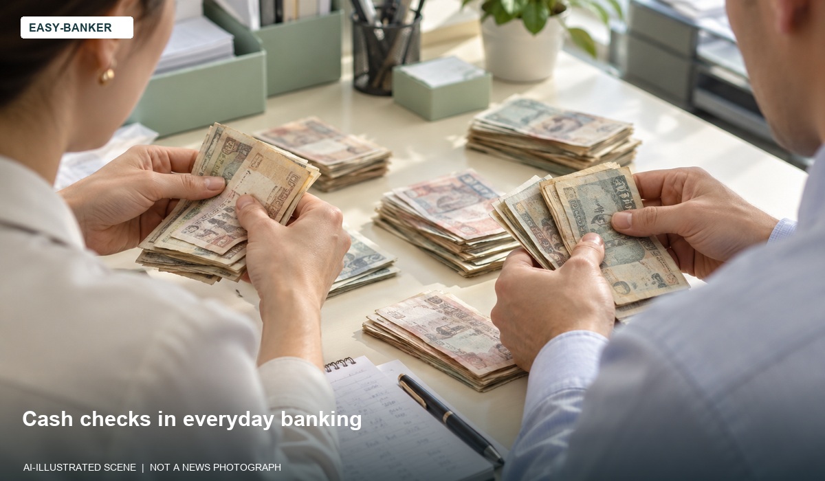 AI-illustrated conceptual scene: Cash checks in everyday banking Not a real news event or an official banknote design.