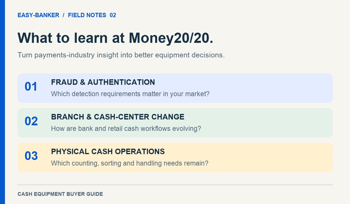Three Money20/20 learning themes for cash equipment buyers.