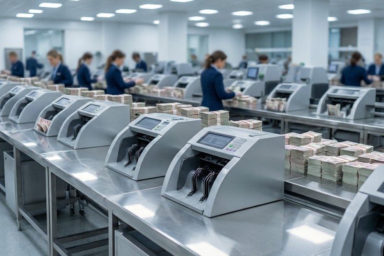 Modern cash processing center with banknote sorting lines
