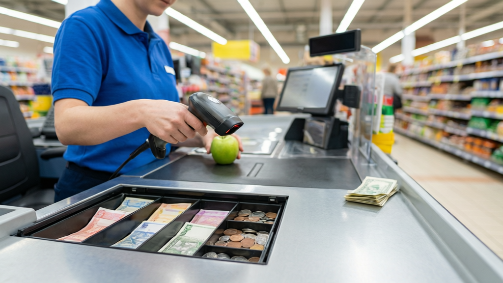 Supermarket checkout with cash drawer