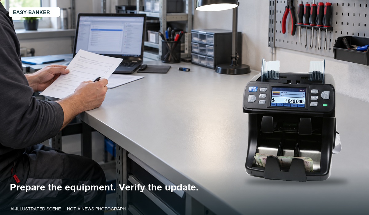 AI-illustrated banking application scene with an original BS-2080B banknote sorter photograph. Illustrative equipment, not proof of compatibility with future banknotes.