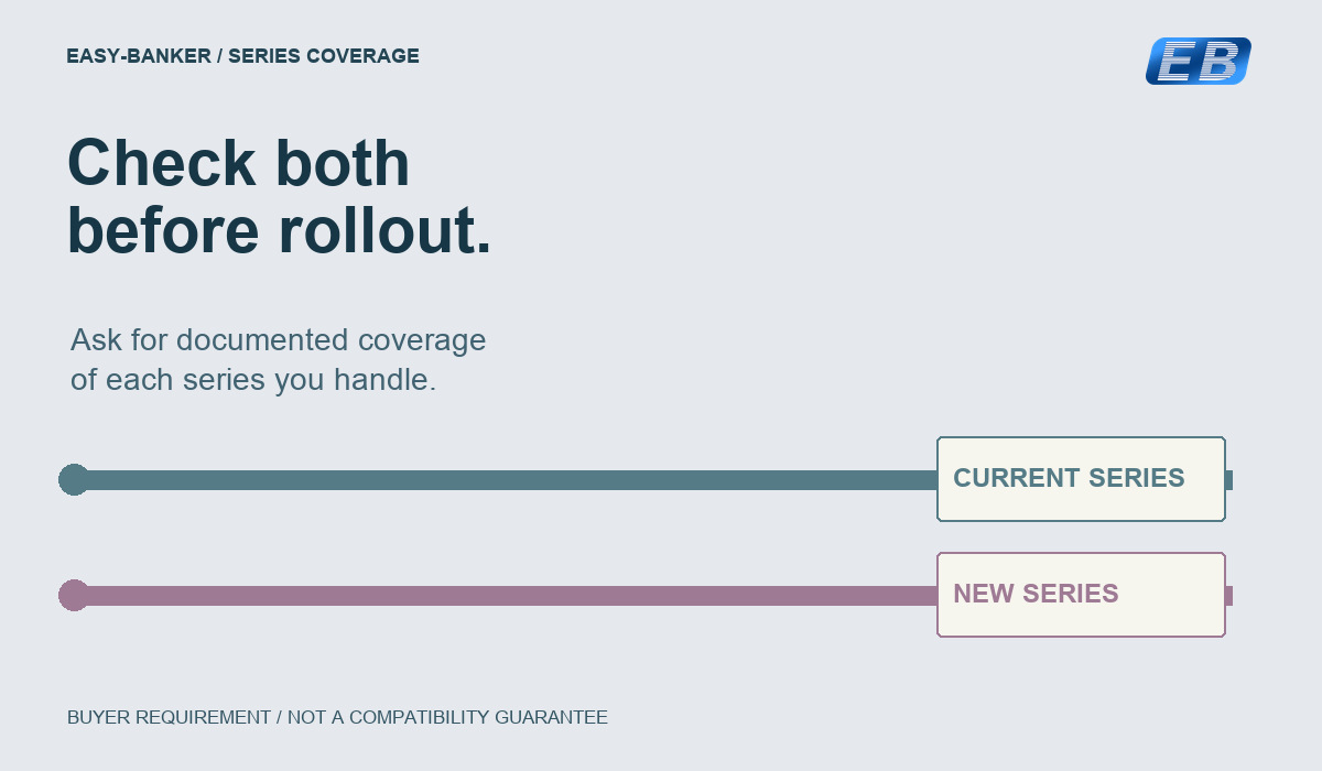 Two conceptual lanes labelled Current Series and New Series, asking buyers for documented coverage before rollout. A procurement requirement, not a guarantee of machine compatibility.