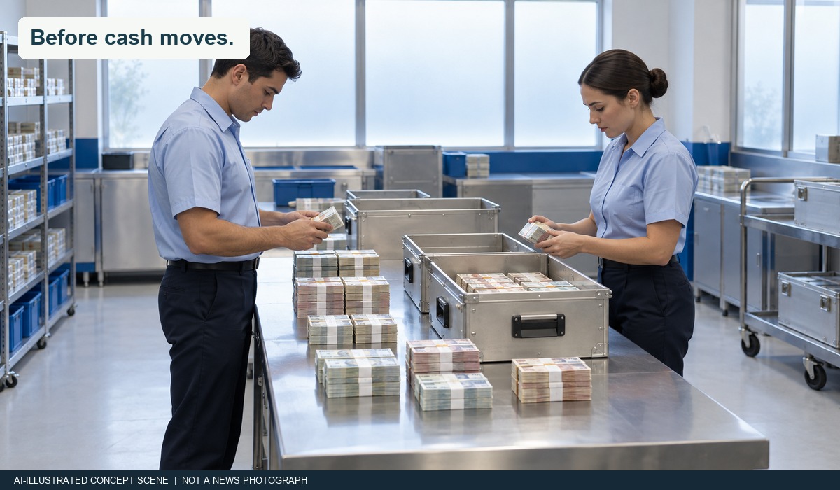 AI-illustrated cash-room staff checking banded bundles before transport; not an actual event photograph.