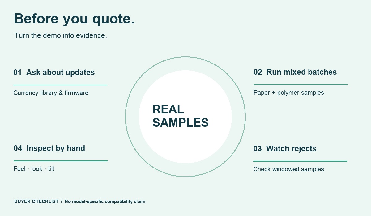 Buyer checklist: ask about firmware updates, run mixed paper and polymer samples, review rejects, and inspect notes manually.