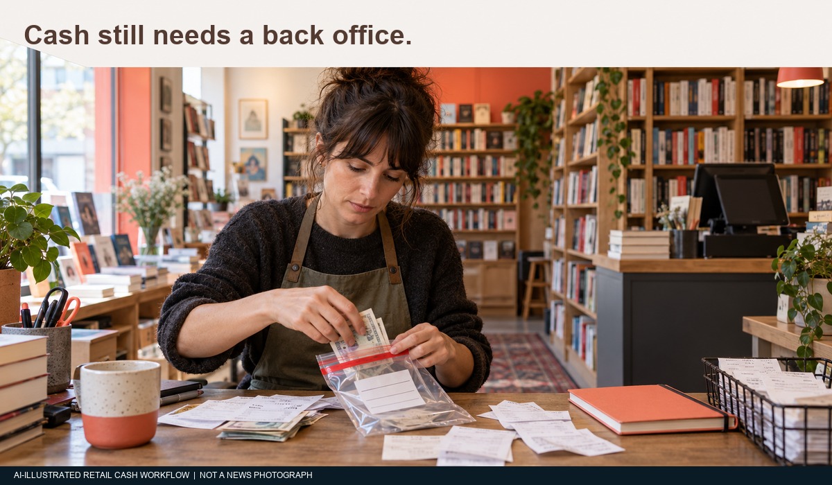AI-illustrated bookshop cash closing and deposit-bag workflow; not a news photograph.