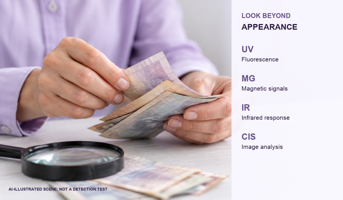Illustrative cash inspection scene with UV fluorescence, MG magnetic signals, IR response and CIS image analysis labels. Not a real detection test.