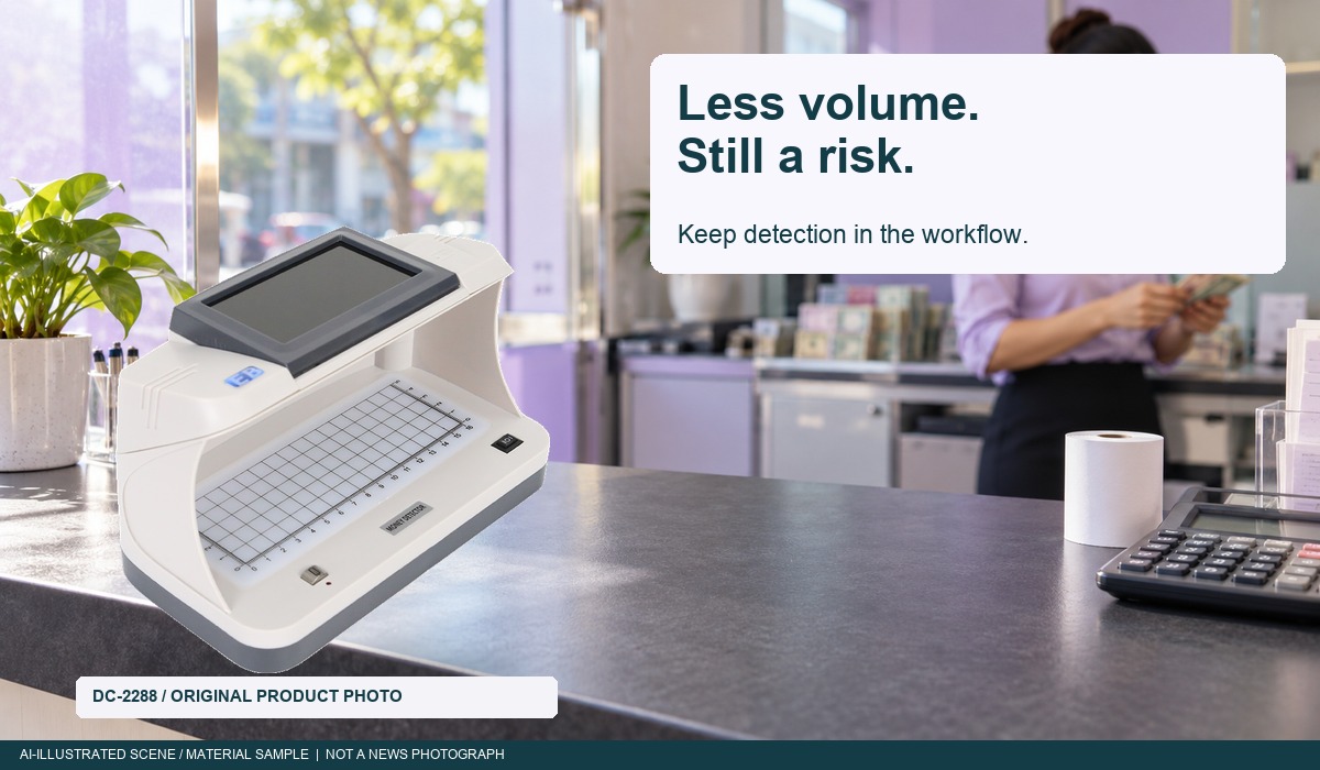 Real DC-2288 device in an AI-illustrated currency-service workspace; no denomination-specific authentication result implied.