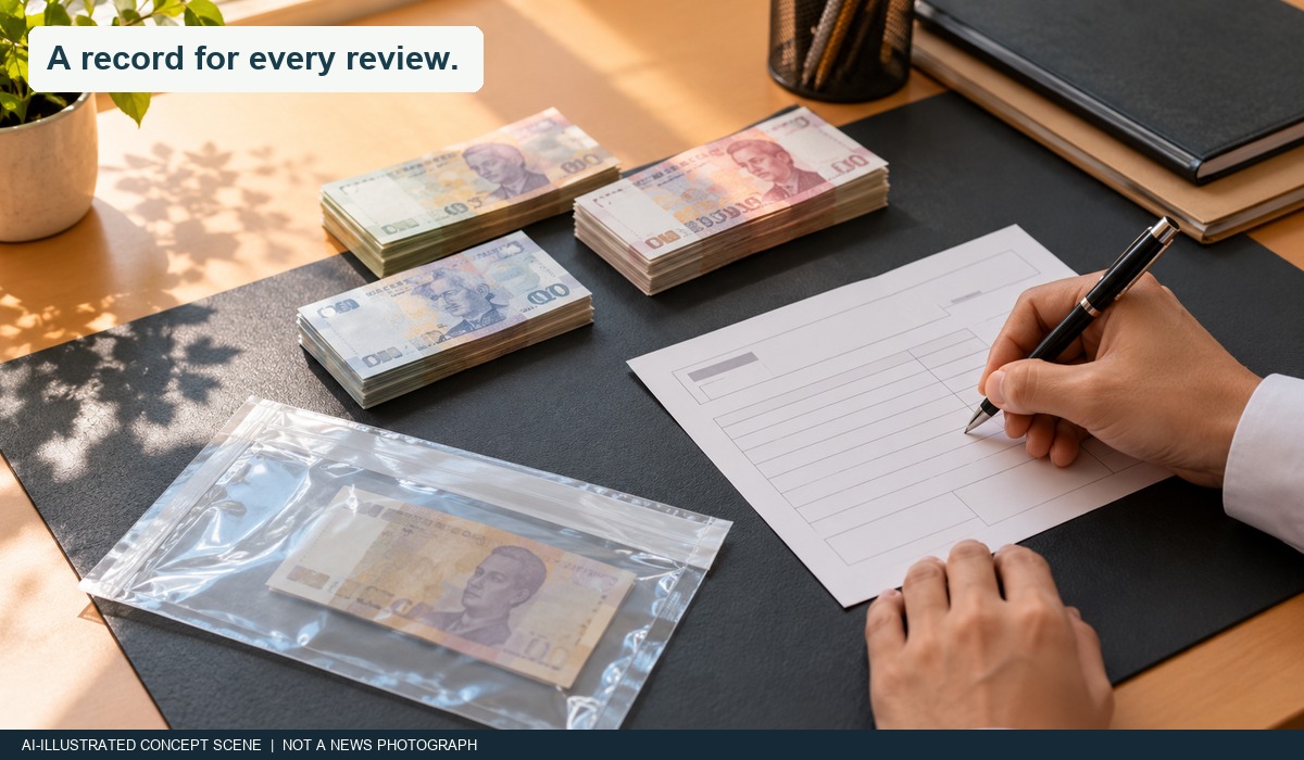 AI-illustrated cash transaction documentation desk; not a real seizure or official receipt.