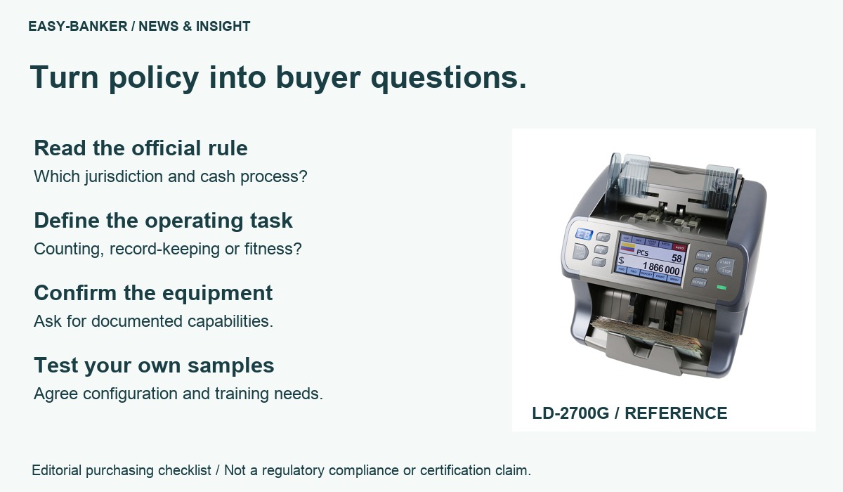 Purchasing checklist from official rules to task definition, documented equipment capabilities and sample testing, with an original LD-2700G reference photo; not a compliance claim.