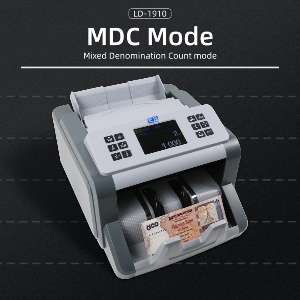 LD-1910 mixed denomination money counter in MDC mixed-value counting mode