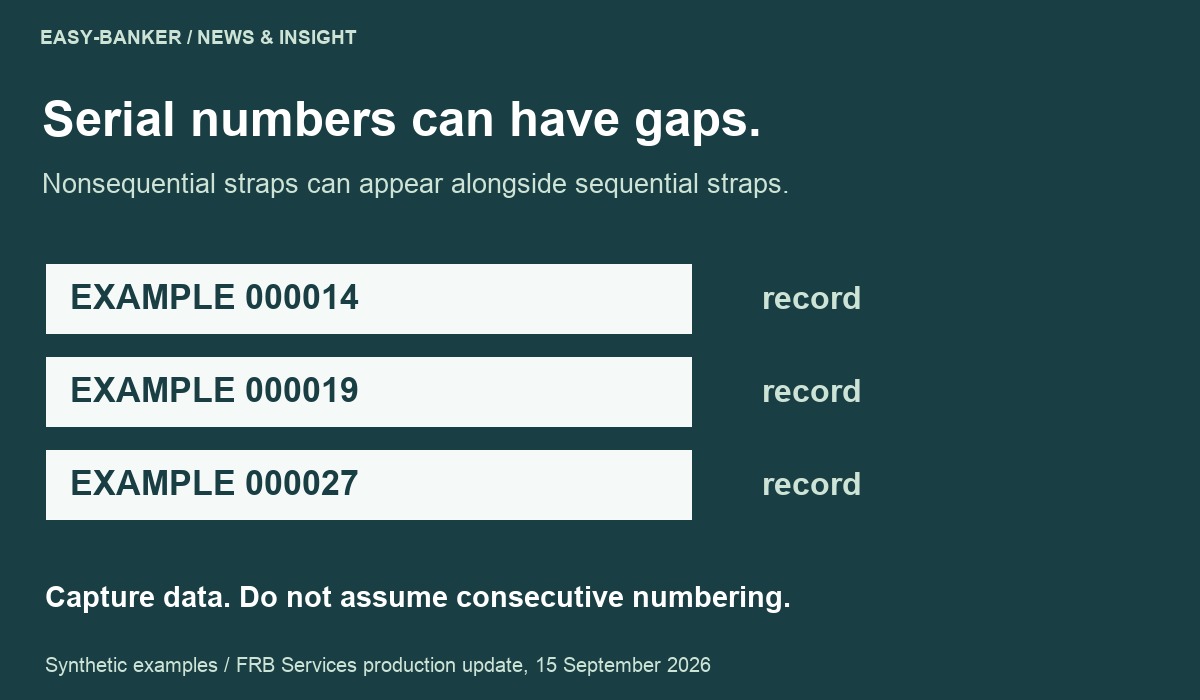 Synthetic nonconsecutive serial-record examples explaining that sequential and nonsequential straps may coexist; not an actual banknote or machine-performance test.