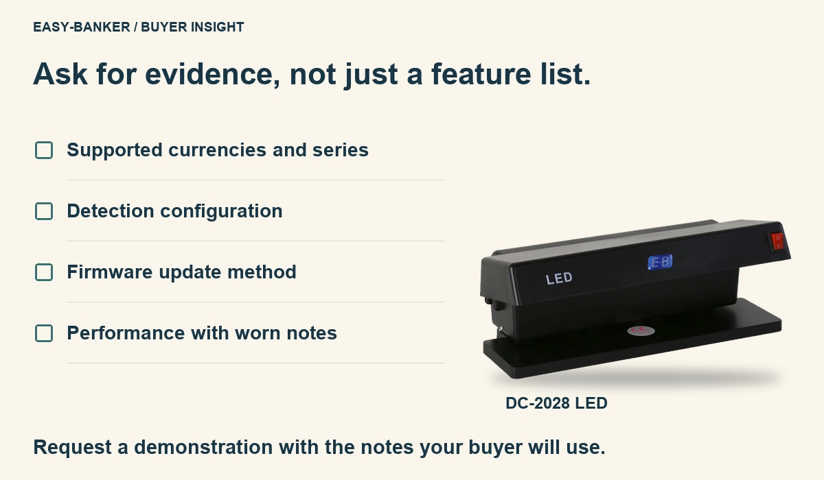 Original DC-2028 LED product photo beside a supplier checklist covering currency series, detection configuration, firmware and worn-note testing.
