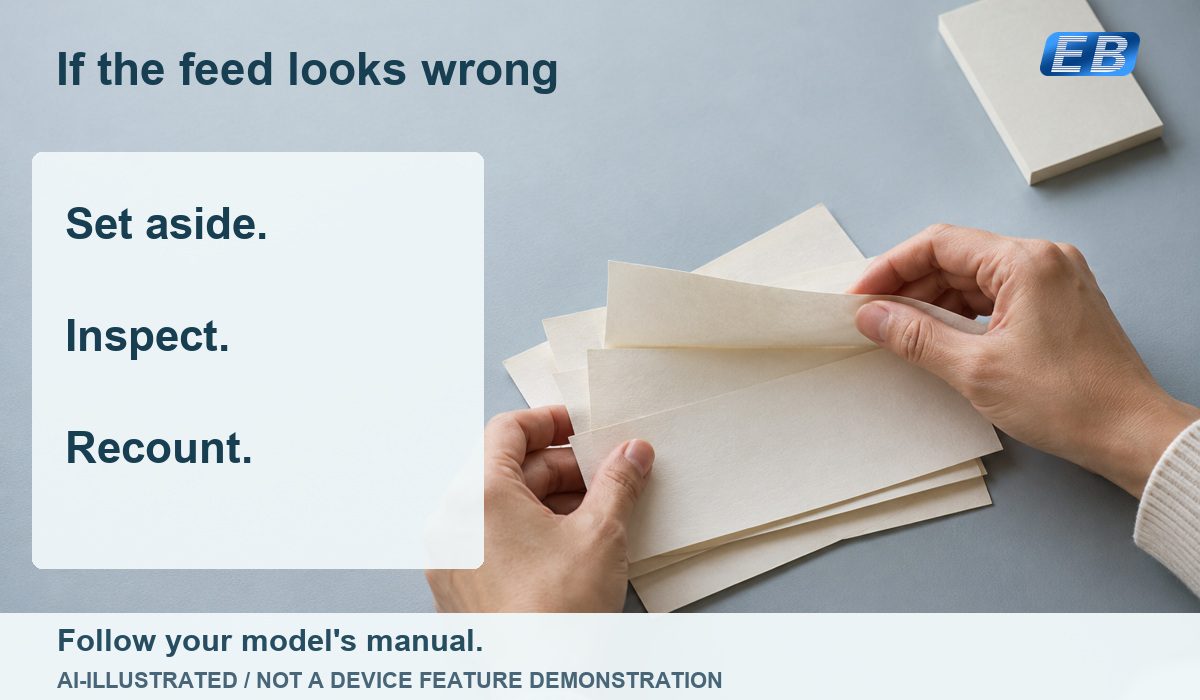 AI-illustrated hands inspecting blank paper slips beside the steps Set aside, Inspect and Recount; follow the particular machine manual, not a device-feature demonstration.