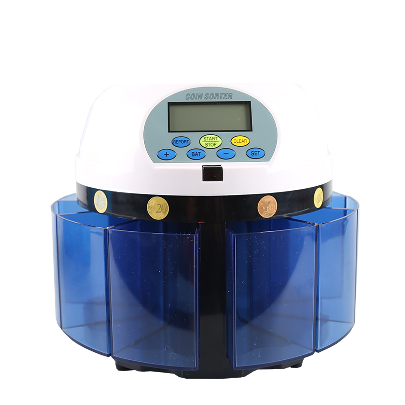 CS-6500 coin sorter separating mixed denominations into labelled collection tubes
