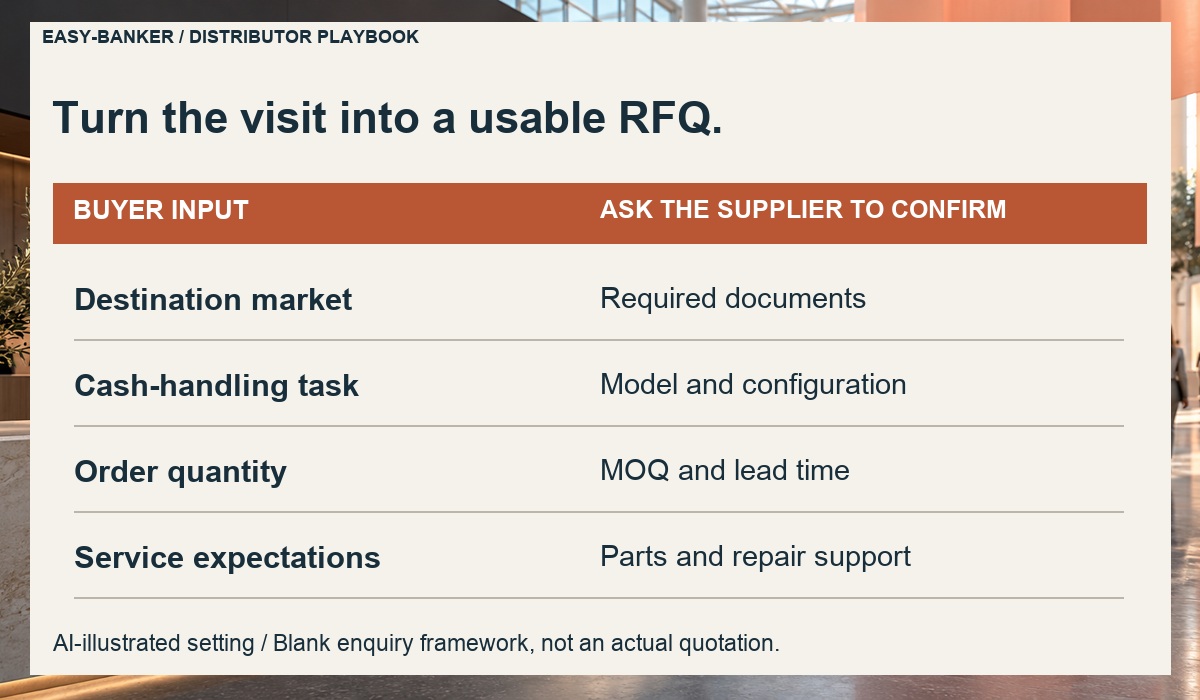 RFQ worksheet pairing buyer inputs with supplier confirmations on an AI-illustrated setting; not a real quotation.