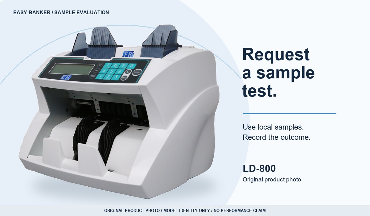 Original LD-800 banknote-counter photograph with complete feed guides and output tray, alongside a prompt to request a local sample test.