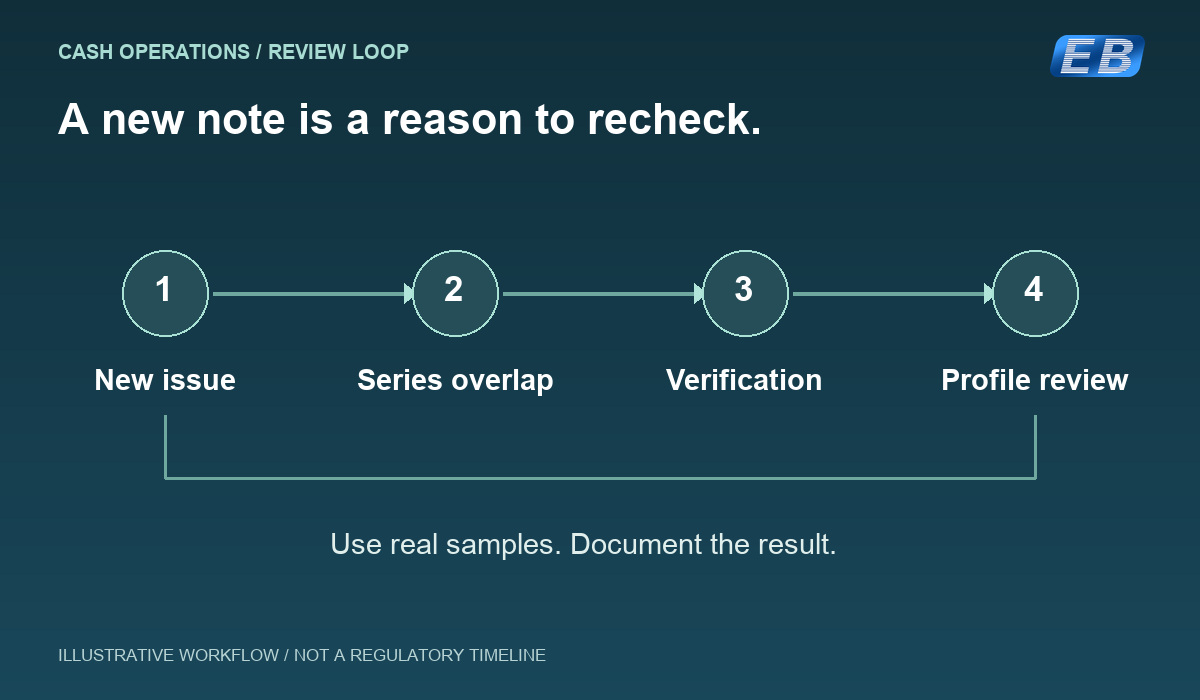 Illustrative operational review loop linking a new issue, overlapping series, verification and profile review; not a regulatory timeline.