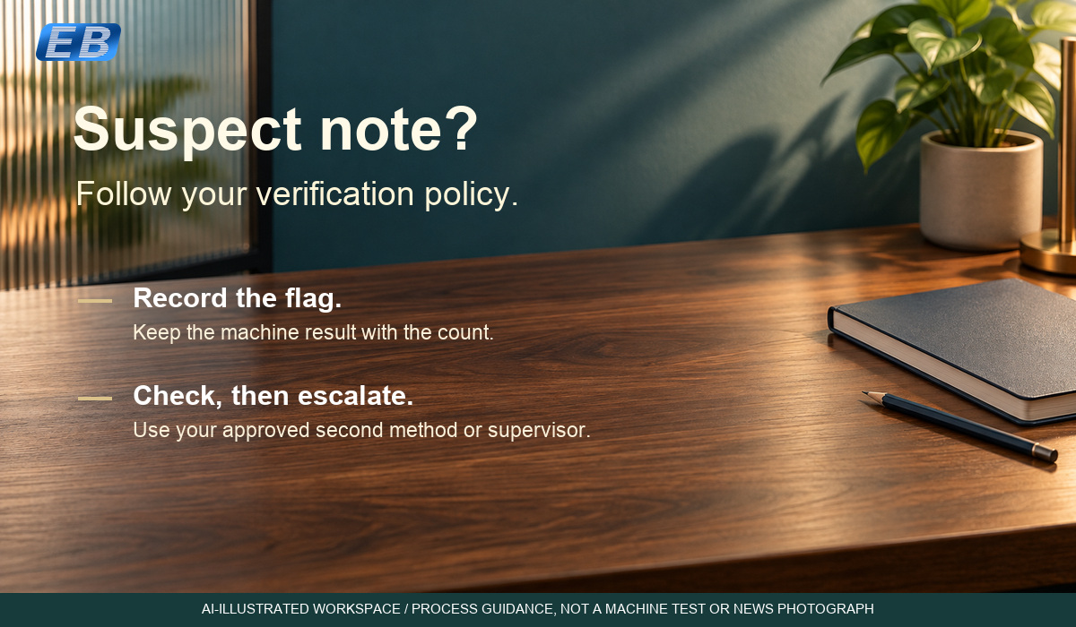 AI-illustrated document workspace showing policy-led escalation guidance, not a real customer installation, detector demonstration or test.