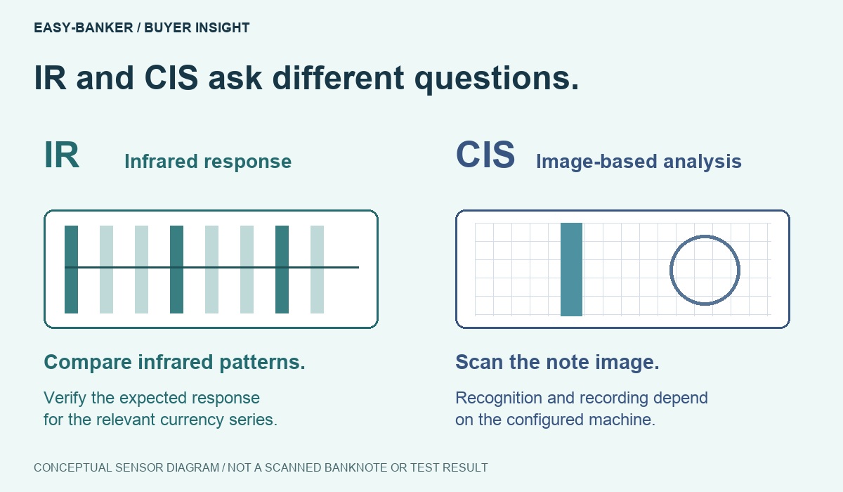 Conceptual IR and CIS comparison diagram, not a scanned banknote or actual sensor test result.