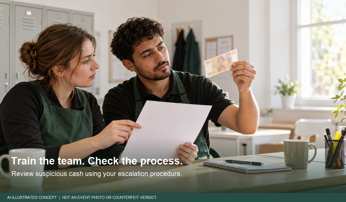 AI-illustrated staff cash-handling training. Follow the business escalation procedure for suspicious cash. - Easy-Banker