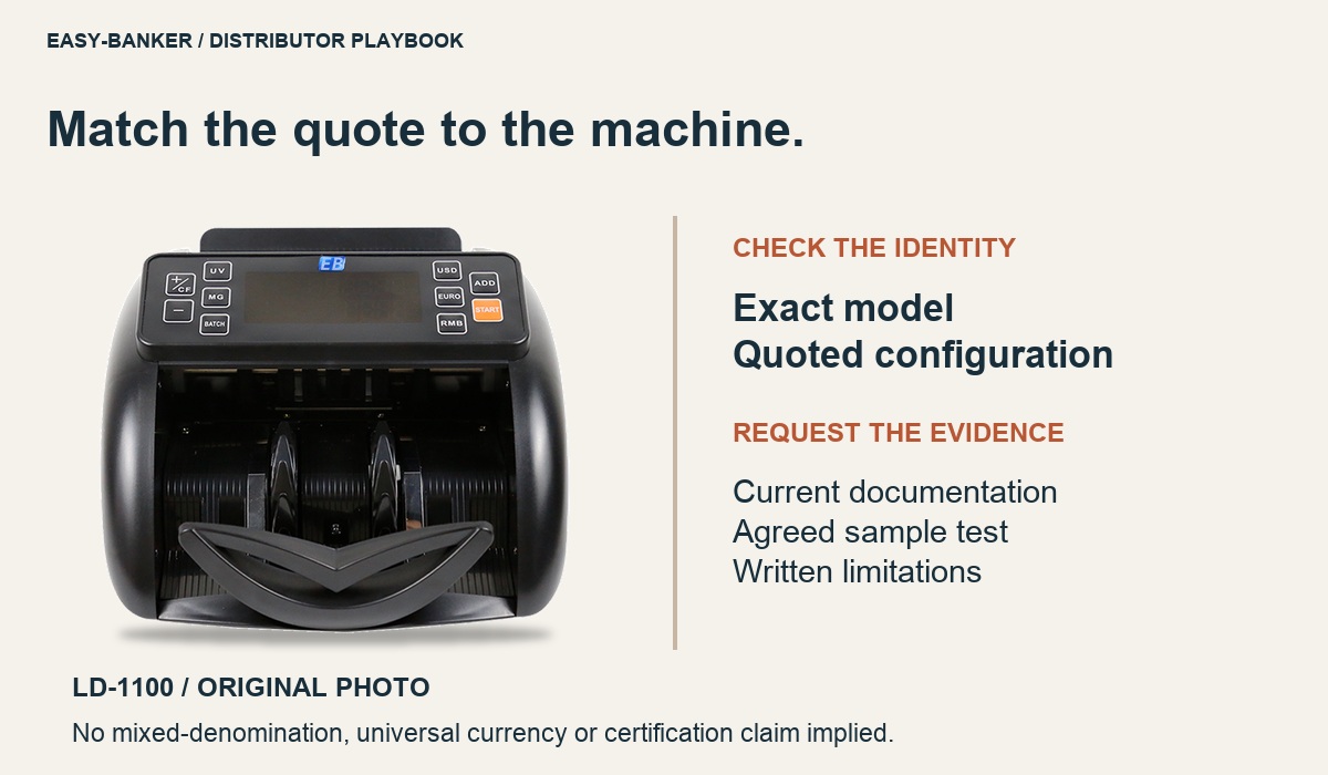 Original LD-1100 product photograph without a white frame, beside model identity and supporting-document questions; no mixed-denomination or certification claim.
