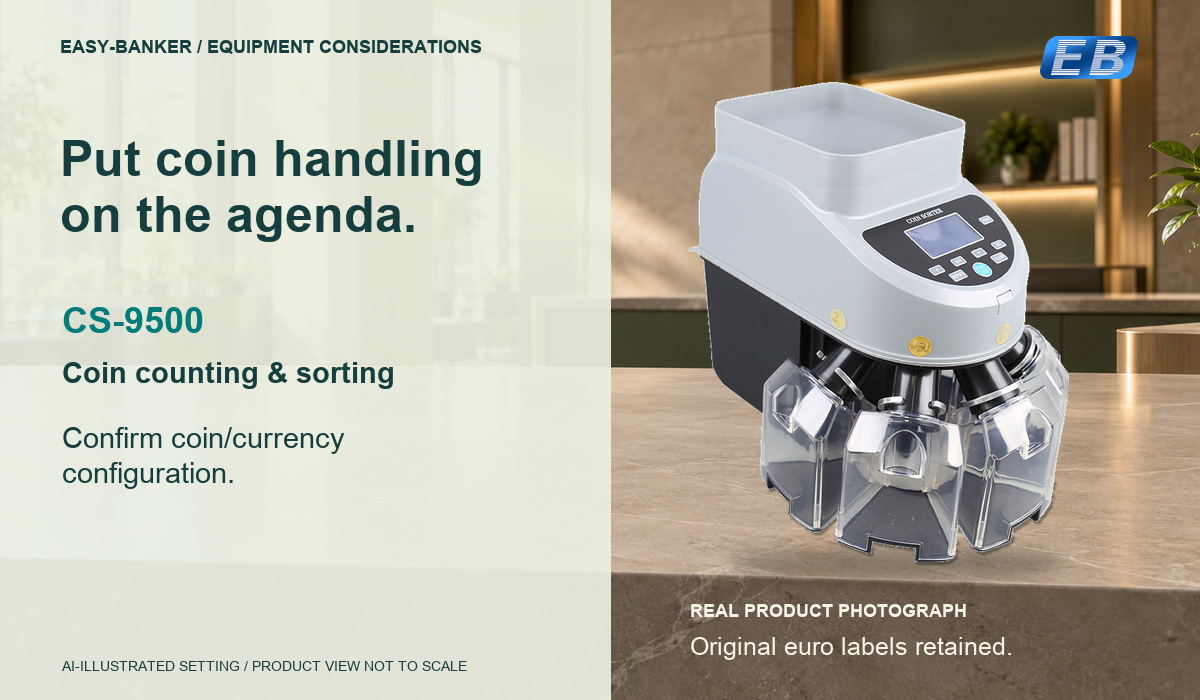 Original CS-9500 coin sorter photograph on an AI-illustrated stone counter, with the photographed euro labels preserved and a reminder to confirm coin and currency configuration. Not an actual installation; product view not to scale.