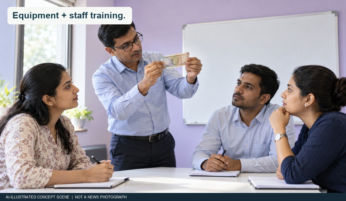 AI-illustrated bank staff learning note inspection; not an actual RBI training session.