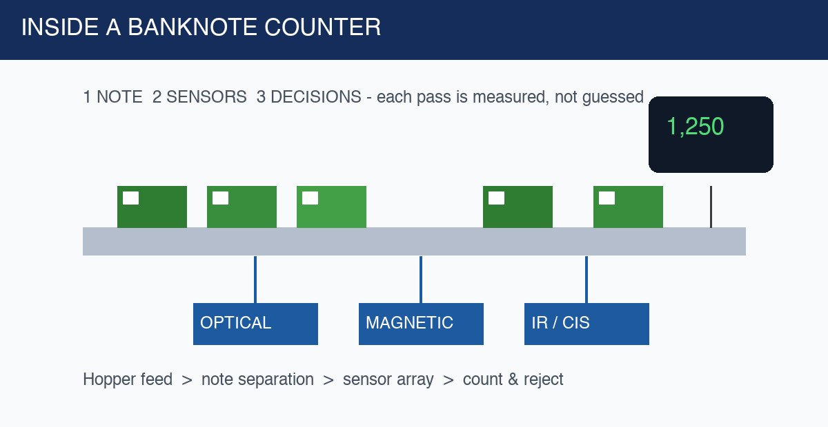 Inside a banknote counter: optical, magnetic and IR sensor line over the note channel