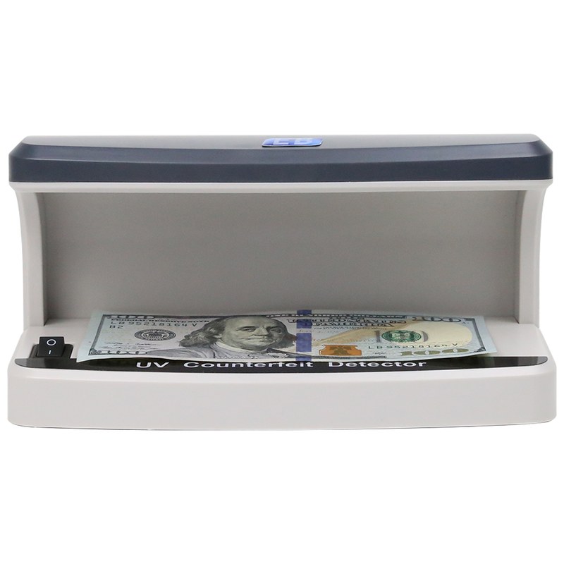 DC-5000 USB rechargeable UV banknote detector lamp with a US 100 dollar note under the hood, white background product photo