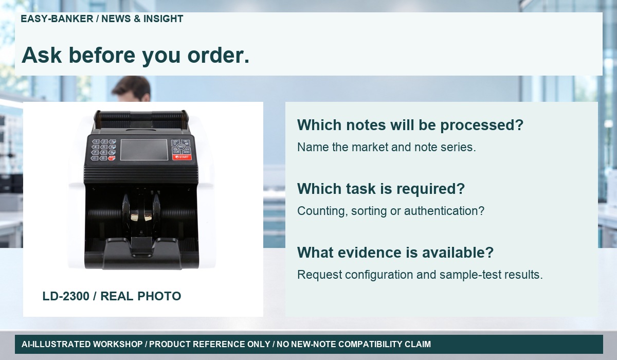 Original LD-2300 reference photograph beside market, cash-task and sample-test questions in an AI-illustrated workshop; not an installation or operating demonstration.