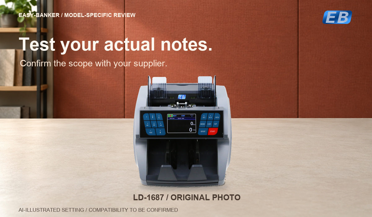 Original LD-1687 banknote counter photograph on an AI-illustrated workbench, requesting a sample test with actual notes. Original shape, controls, screen and Logo are preserved. Compatibility remains to be confirmed; not a real installation or test result.