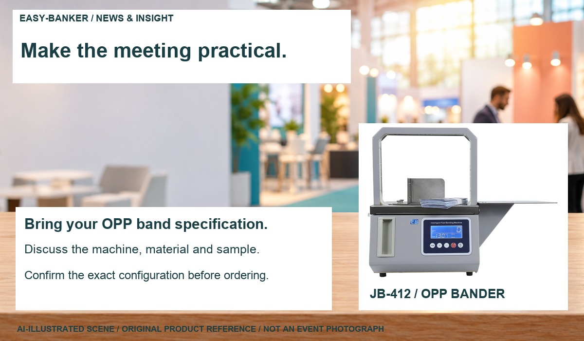 Original JB-412 product reference and OPP specification meeting prompts over an AI-illustrated generic exhibition scene, not an actual demonstration photograph.
