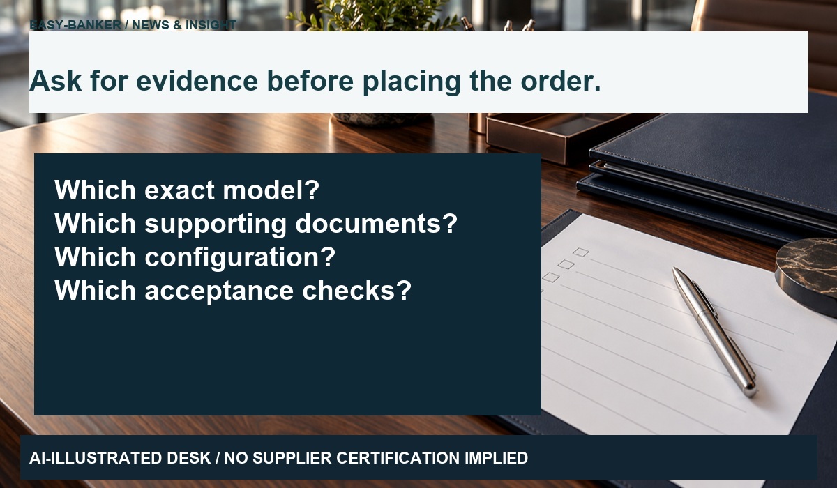 Procurement questions in an AI-illustrated desk setting; no certification implied.