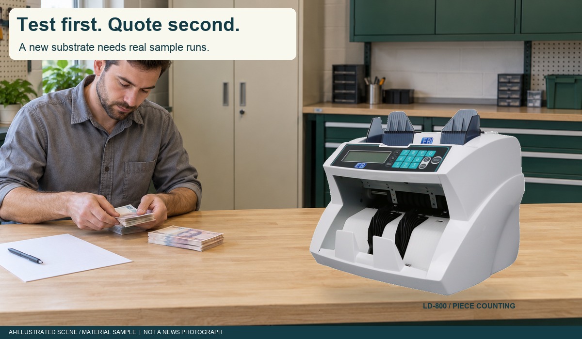 Real LD-800 piece-counting machine in an AI-illustrated sample-test workspace; polymer compatibility requires real testing.