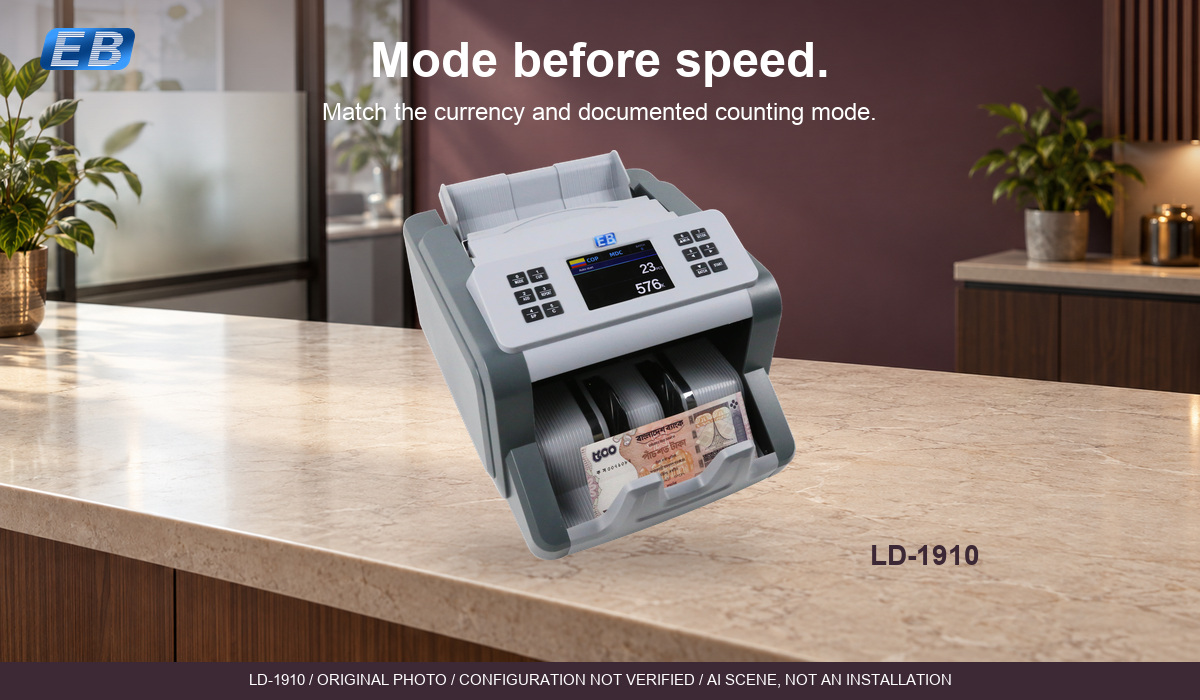 Original forward three-quarter LD-1910 photograph on an AI-illustrated plum office counter. Original screen, controls and currency display unchanged; configuration not verified.