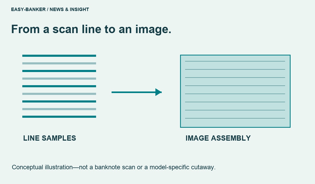Conceptual line-sample to image-assembly diagram; not a genuine banknote scan or model cutaway.