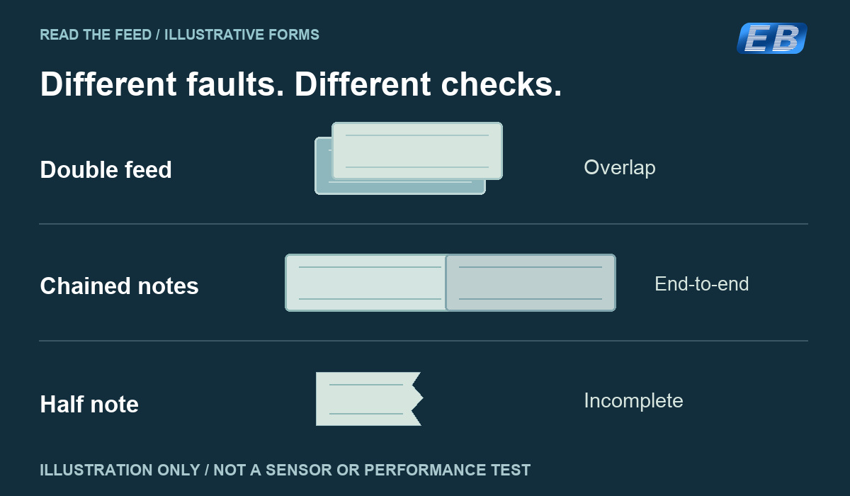 Illustrative blank-note shapes explain overlapping double feeds, end-to-end chained notes and an incomplete half note; not actual currency, sensor mechanics or a performance test.