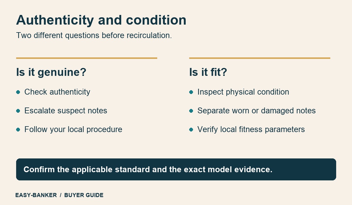 Educational comparison of authenticity checks and physical note condition; confirm local fitness requirements.