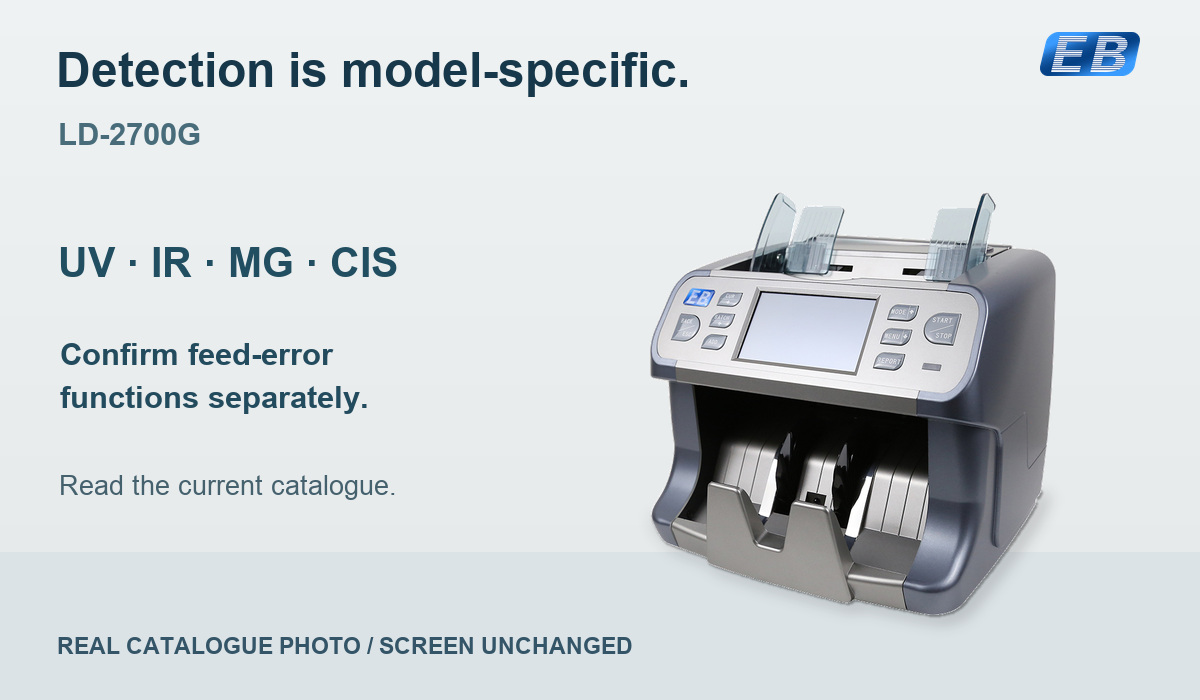 Unaltered LD-2700G catalogue photograph with its original light blank screen, alongside documented UV, IR, MG and CIS channels and a reminder to confirm feed-error functions separately.
