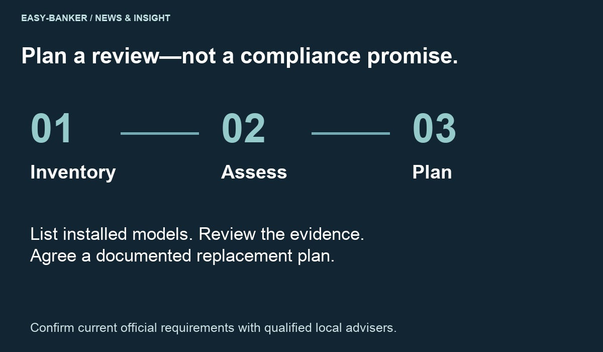 Inventory, assess and plan workflow for equipment review; not legal compliance advice.