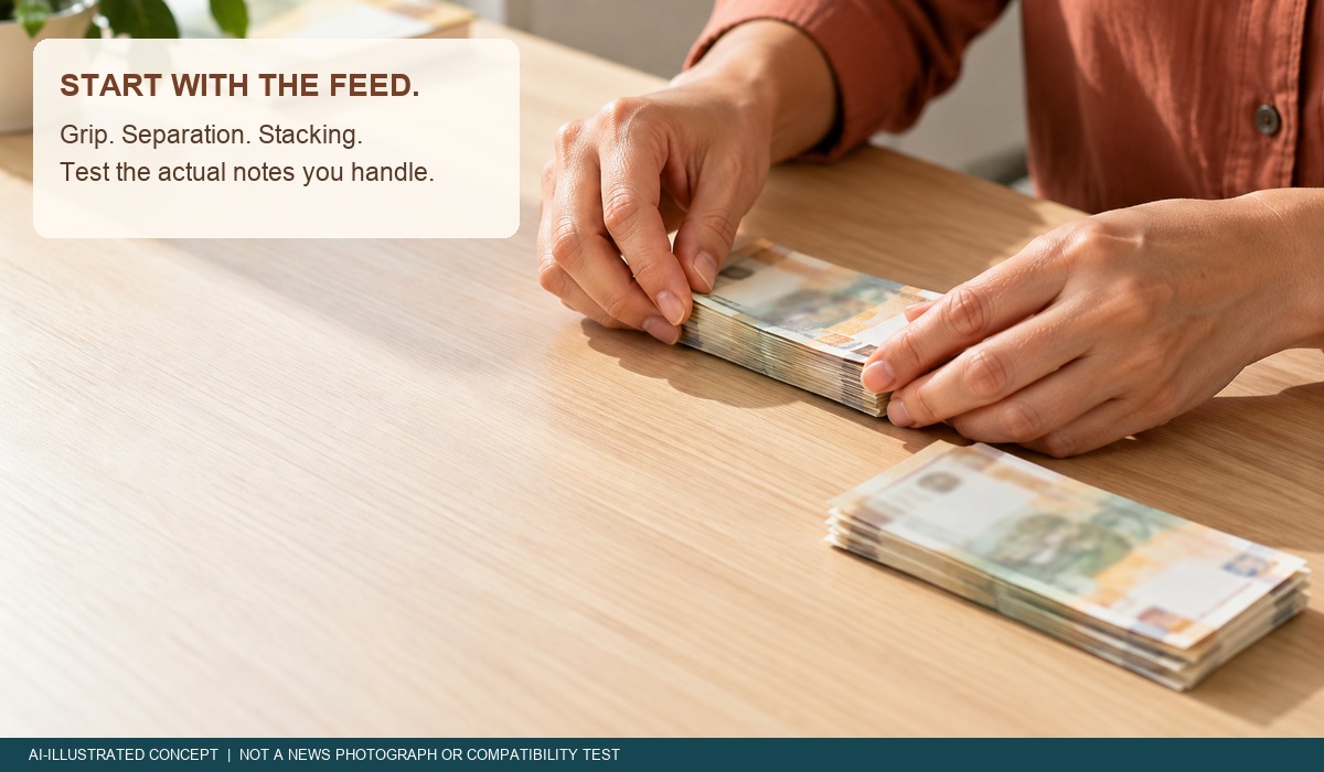 AI-illustrated cash handling preparation: aligning a stack of notes. Evaluate grip, separation and stacking with actual target notes.