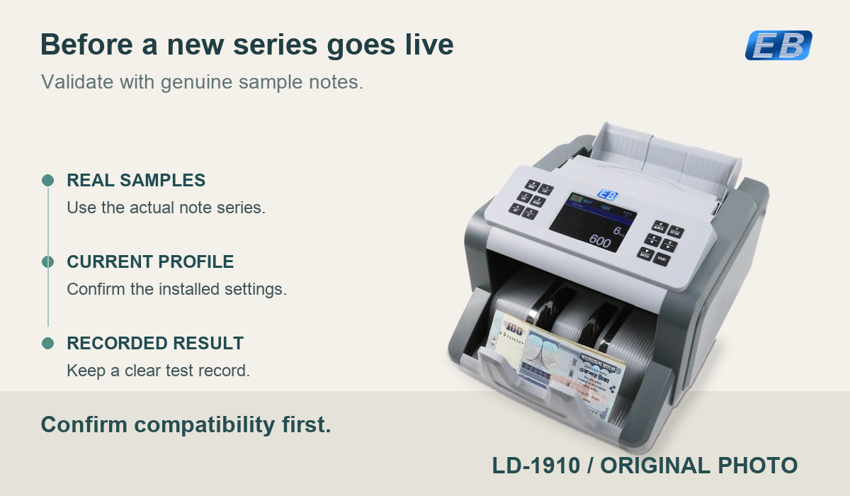 Original LD-1910 three-quarter product photo with its real BDT screen and notes, beside a sample-validation checklist and a prominent instruction to confirm compatibility first; no Samoan compatibility claim.